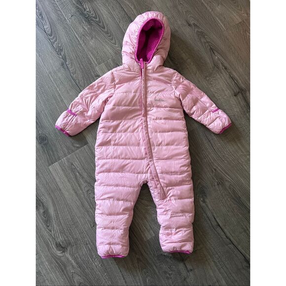 Eddie Bauer Infant Cold Weather Fleece Lined Pink Classic Down Snowsuit size 12- - Picture 1 of 8